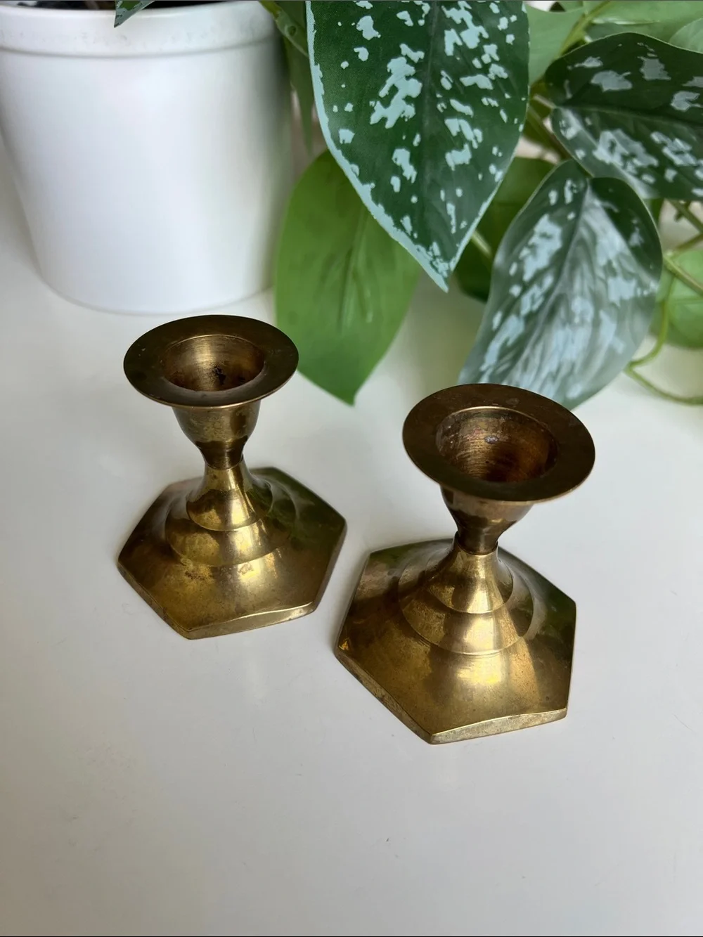 Vintage Brass Candle Holders Short Pair Set of 2